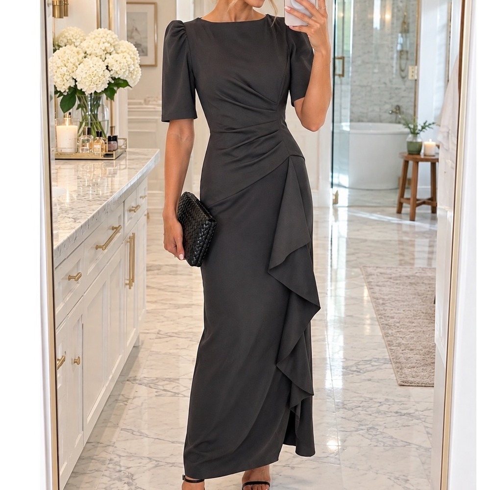 Xscape Womens Ruched Ruffle Puff Sleeve Formal Evening Gown Charcoal Gray 10 D3